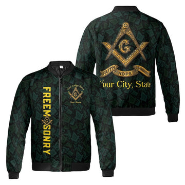 Customize Name Lodge Name Masonic Letter G Faith Hope Charity Pattern Seamless Freemasonry 3D Bomber Jacket Size S-5XL