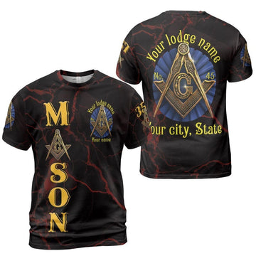 Customize Lodge Name and Number Freemasonry Masonic Symbol Marble Black Gold 3D T-shirt Size S-5XL