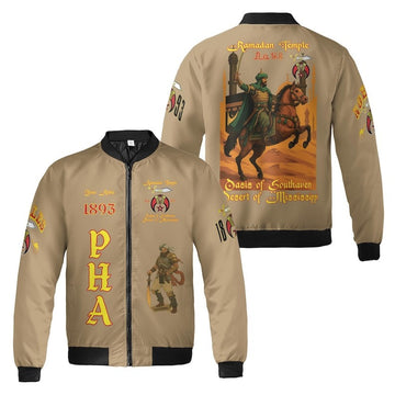 Custom Temple Name Nobles Mystic Shrine AEAONMS Kaaba Guardian PHA 1893 Freemasonry 3D Bomber Jacket Size S-5XL
