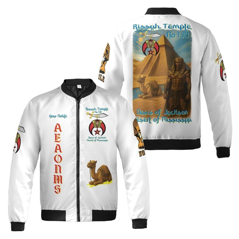 Custom Temple Name Nobles Mystic Shrine AEAONMS Pyramid and Camel Freemasonry 3D Bomber Jacket Size S-5XL