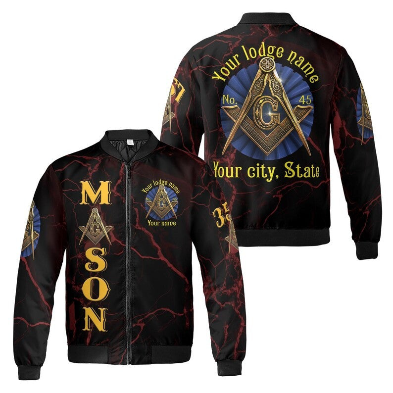 Customize Lodge Name and Number Freemasonry Masonic Symbol Marble Black Gold 3D Bomber Jacket Size S-5XL