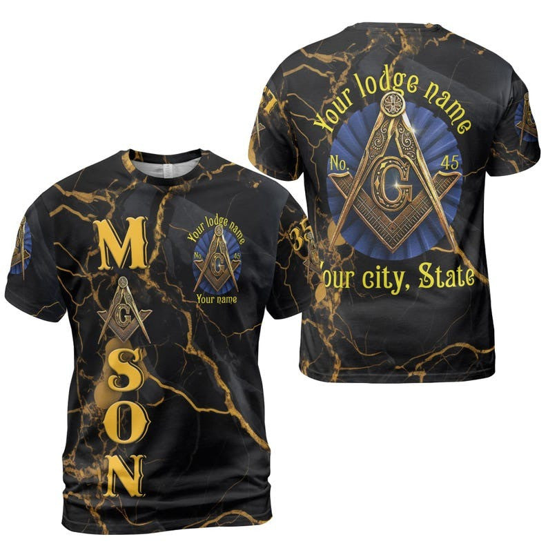 Customize Lodge Name and Number Freemasonry Masonic Symbol Marble Black Gold 3D T-shirt Size S-5XL