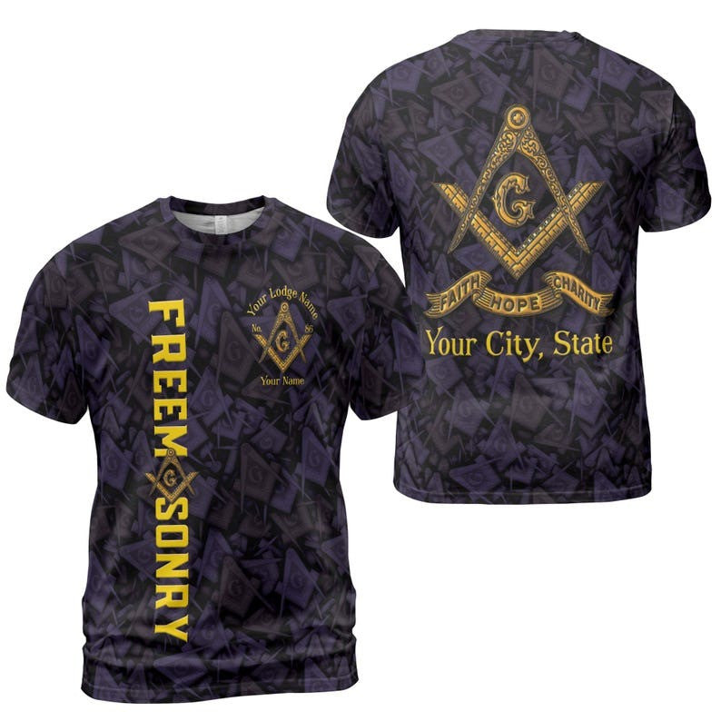 Customize Name Lodge Name Masonic Letter G Faith Hope Charity Pattern Seamless Freemasonry 3D T-shirt Size S-5XL