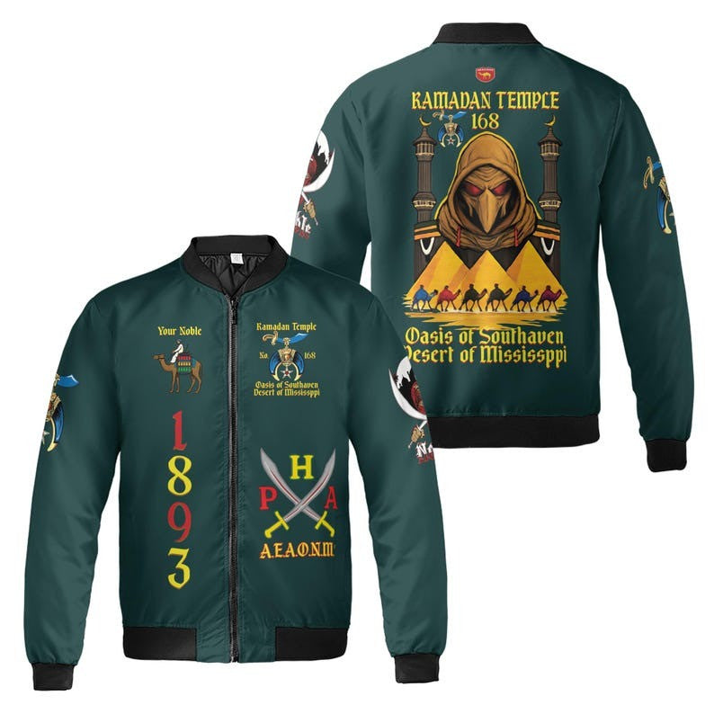 Custom Temple Name Nobles Mystic Shrine AEAONMS Kaaba Guardian PHA Freemasonry 3D Bomber Jacket Size S-5XL