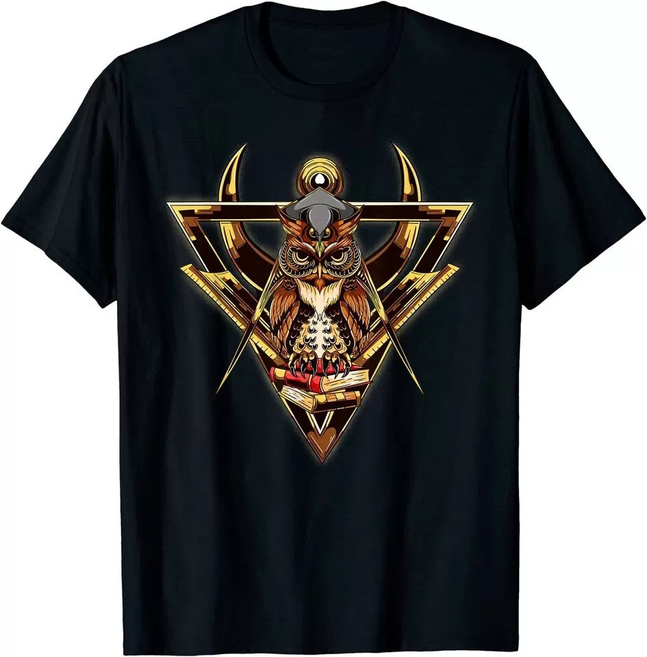 Masonic Mason Square Compass Owl Books Tee T-Shirt